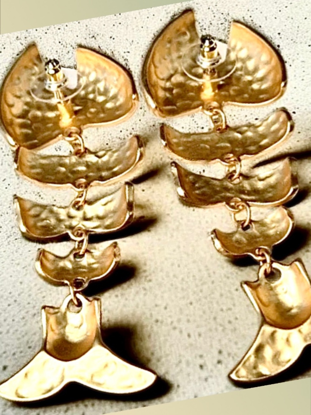 18k Matte Gold Plated Baroque Fish Dangle Earrings - Bold - Unique - Pierced - Picture 4 of 5